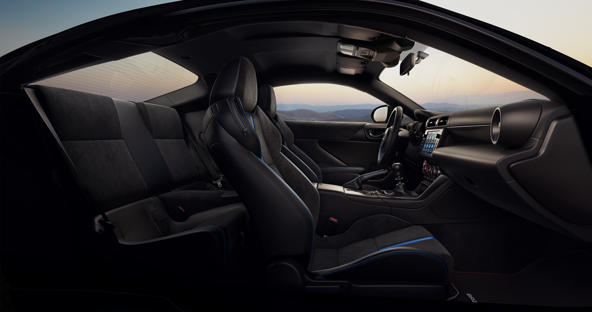 Interior of the 2024 Subaru BRZ tS in Black/Blue Ultrasuede® & Leather